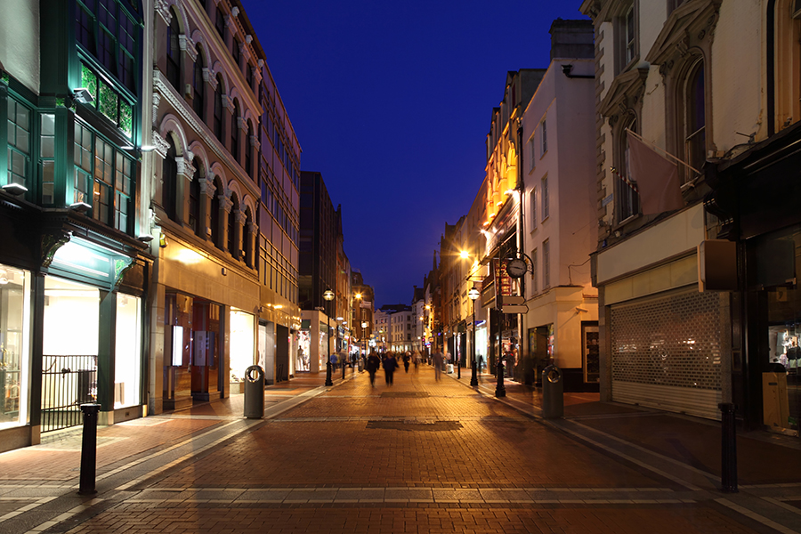 Grafton Street South End, shop windows at night in Dublin, Ireland